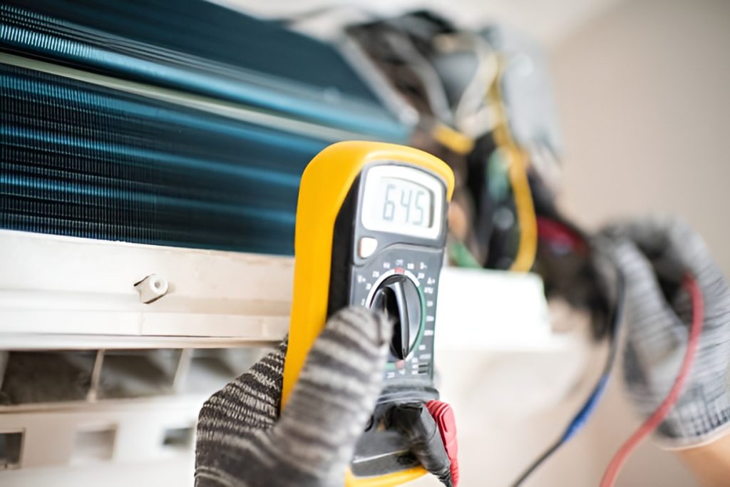 hvac technician checking digital thermostat in Florida