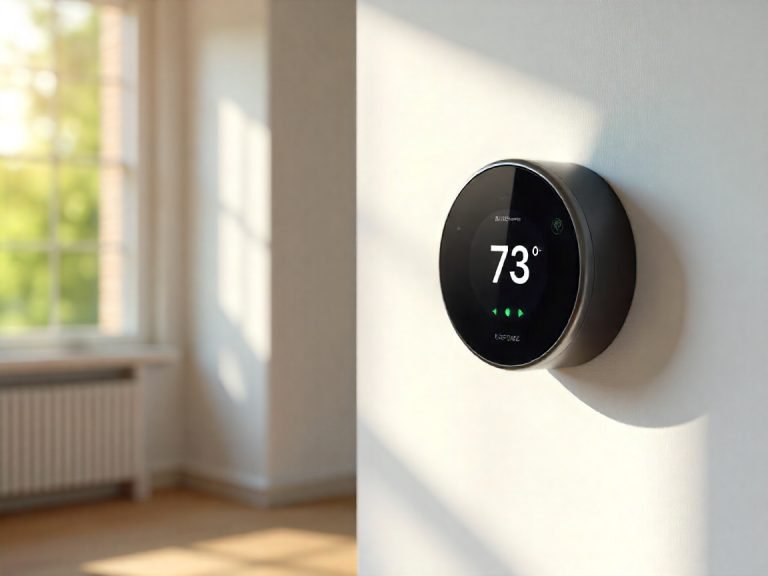 A sleek, black circular smart thermostat showing 73° mounted on a white wall.