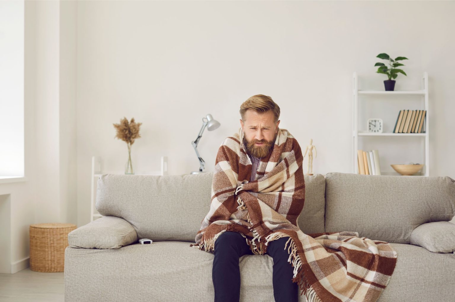 man sitting on a couch in his living room bundled up in a blanket because his home heating system is not working
