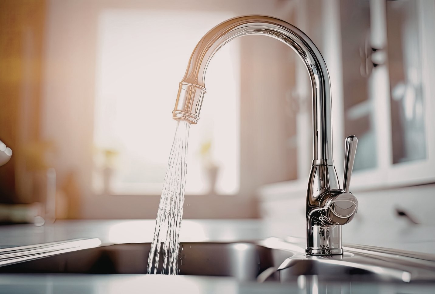 Close-up of water flowing from a modern chrome kitchen faucet into a sink.