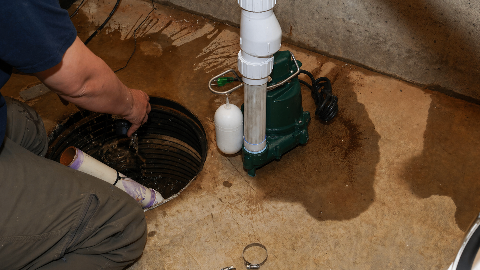 A plumber repairing a sump pump in a flooded basement in a residential home