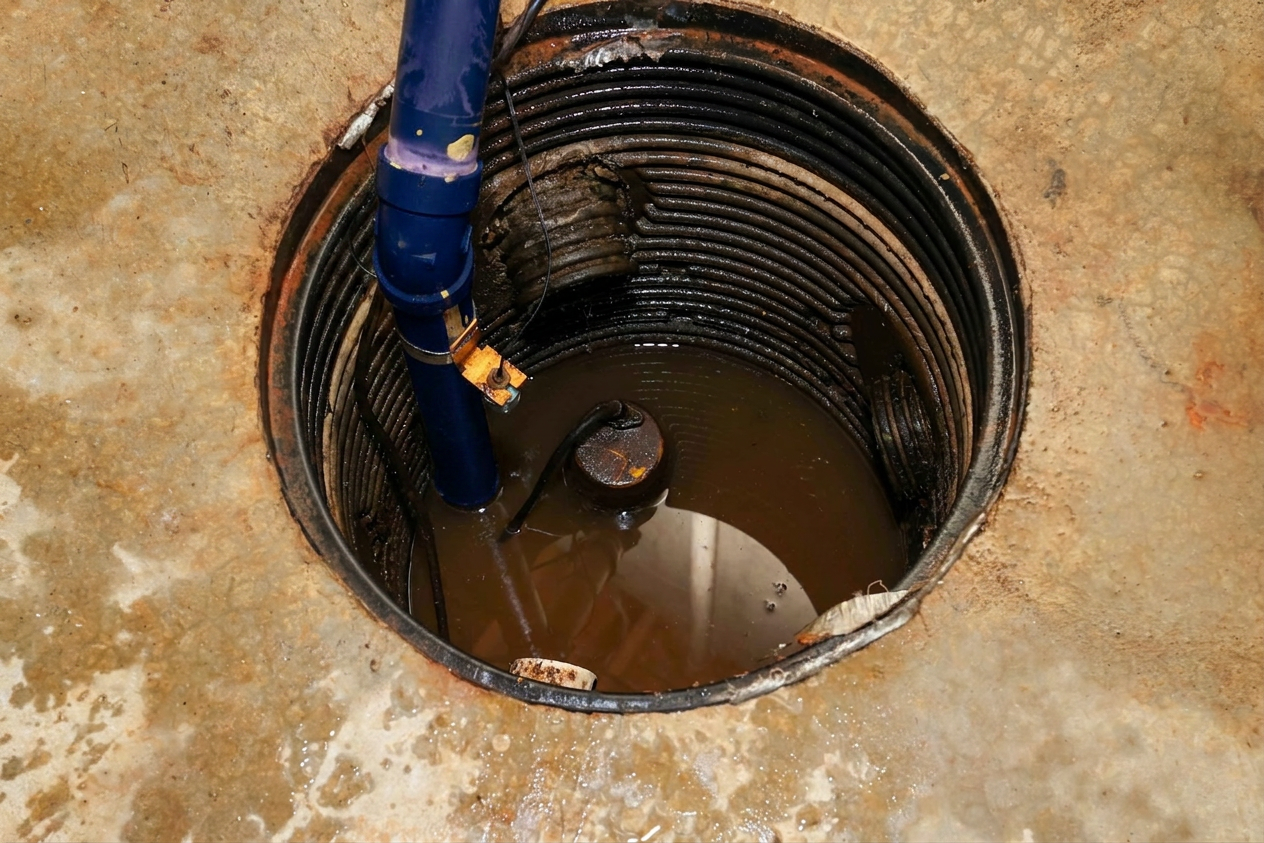 Open sump pit in a concrete floor, partially filled with murky water. Visible blue sump pump pipe indicates a basement drainage system.