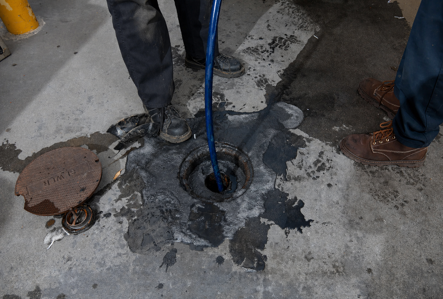 Commercial plumbers hydro line jet a pipe at a large restaurant