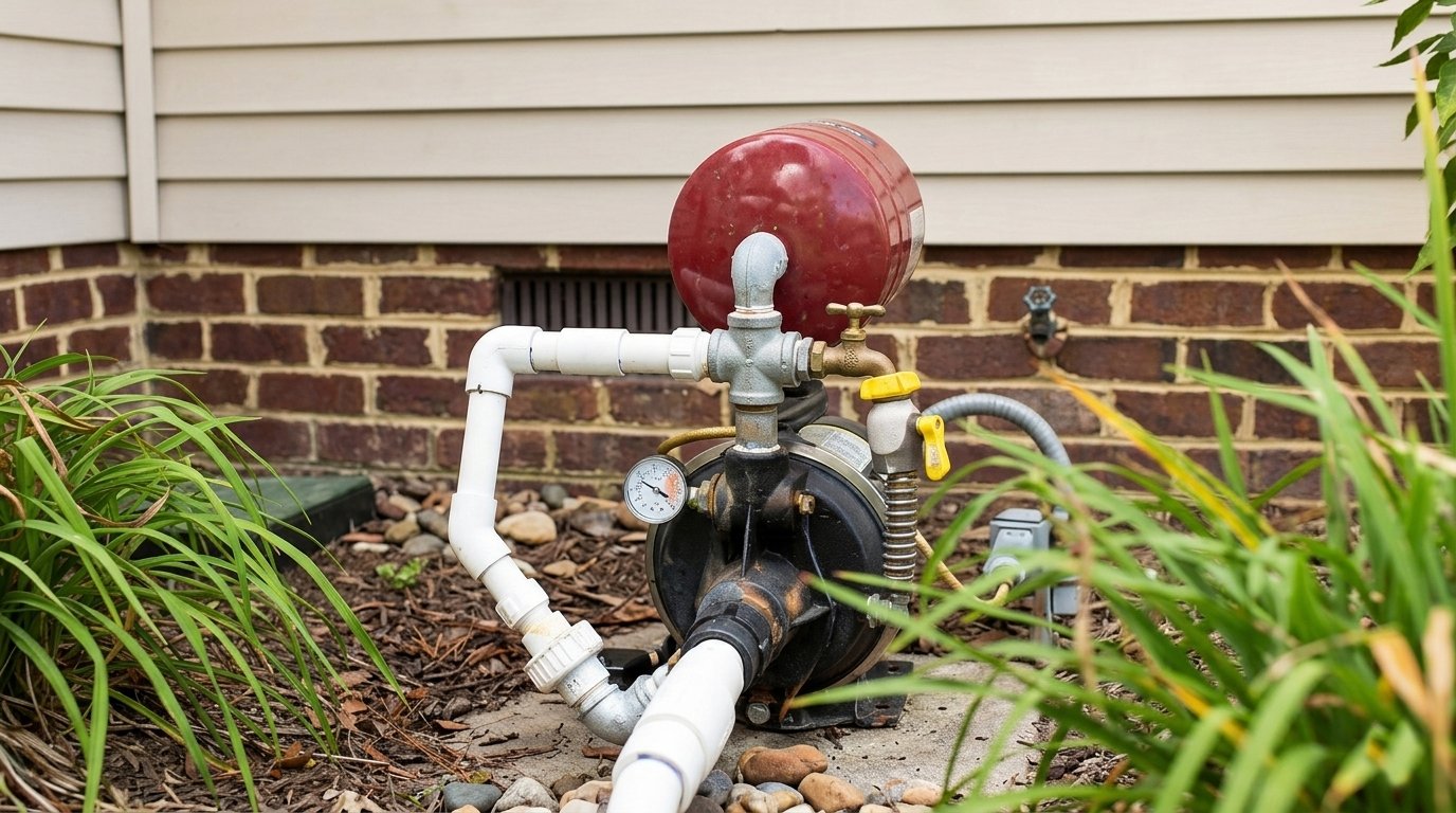 Exterior water pump system with white pipes, a red pressure tank, and a pressure gauge, set against a brick wall surrounded by green plants.
