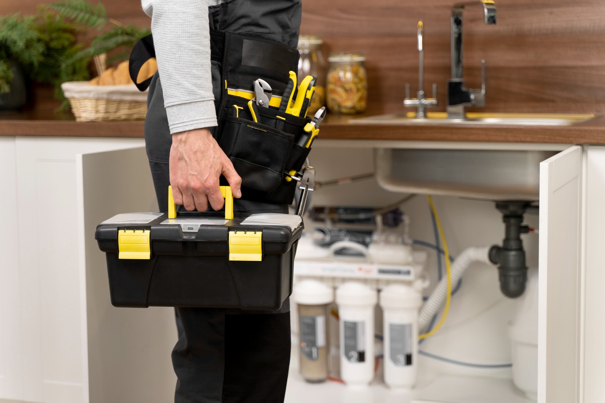 A technician installing or servicing a large stainless steel water filter housing connected to copper piping.