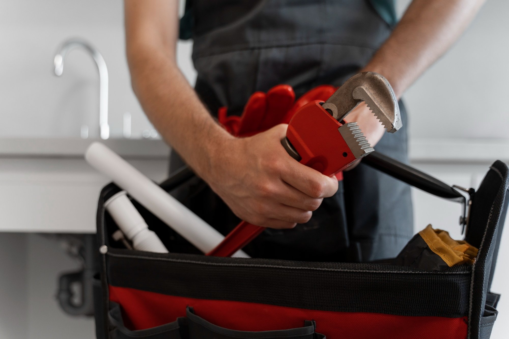 A worker holding a red pipe wrench and a black tool bag filled with various plumbing tools and white PVC pipes.