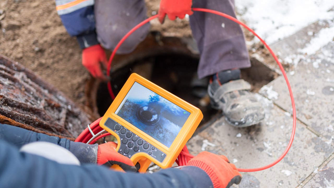 A worker inspects a sewer line using a camera on an orange monitor